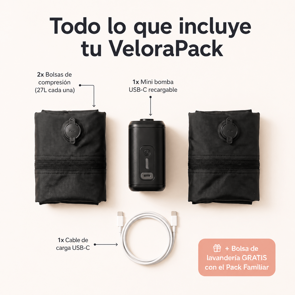 VeloraPack™ — Bolsa de Compresión para Viajes con Bomba USB-C